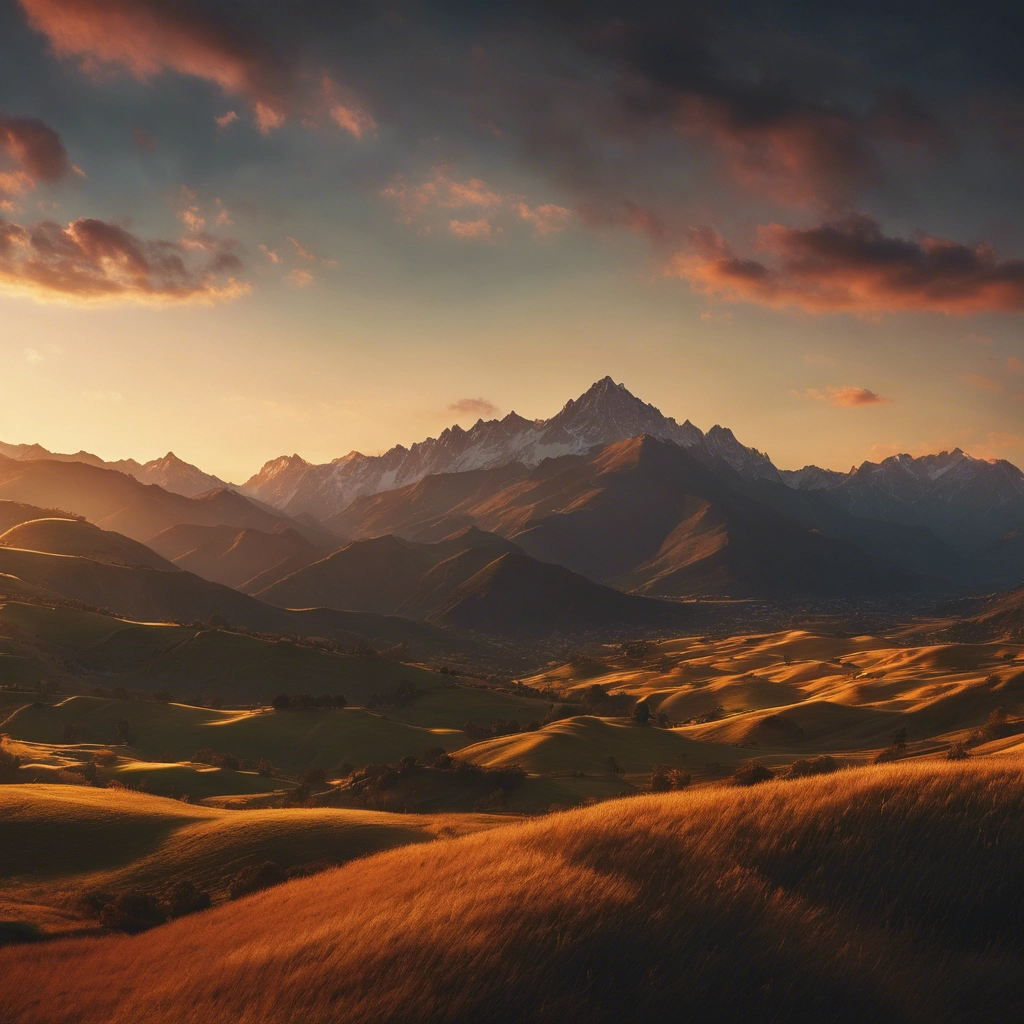 A realistic landscape shot of a majestic mountain range at sunset, casting a warm glow over the rolling hills, beautiful, colorful, in 8k resolution.