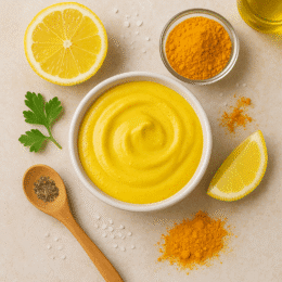 sauce crémeuse au curcuma et citron dans un petit bol, entourée de ses ingrédients naturels