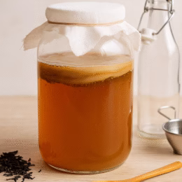 Bocal de kombucha recette maison en cours de fermentation avec SCOBY