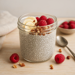 Un pudding de chia crémeux dans un bocal, garni de fruits frais